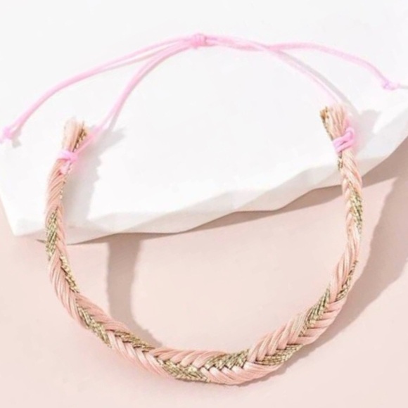 “Fishtail Braid” Pastel Pale Pink Thread & Gold Bugle Tube Bead Elegant Bracelet - Picture 2 of 6